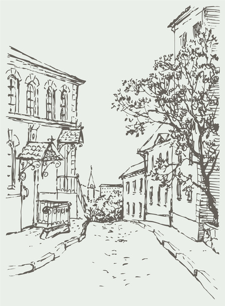 Векторный городской пейзаж. Узкая улица со старыми домами
 - Вектор,изображение