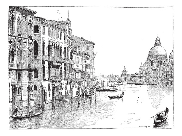大運河、ヴェニスのビンテージ彫刻のビュー. - ベクター画像