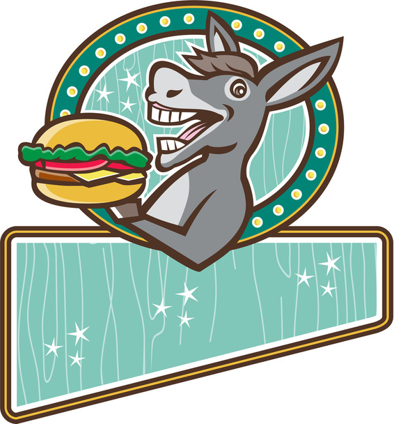 Donkey Mascot Serve Burger Rectangle Oval Retro - Vector, Image