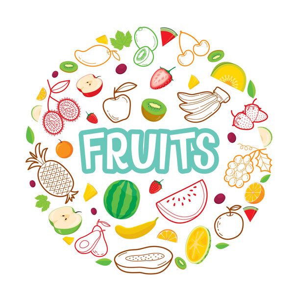 Fruits Objects, Icons, Letters On Circle Frame - Vector, Image