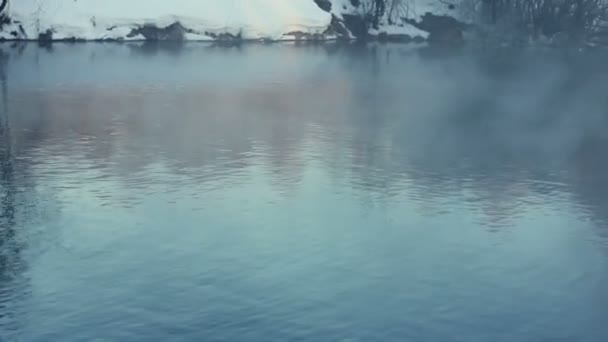 Mist over de rivier in winter woud. Mist over de rivier van de winter. Rivier in winter park - Video