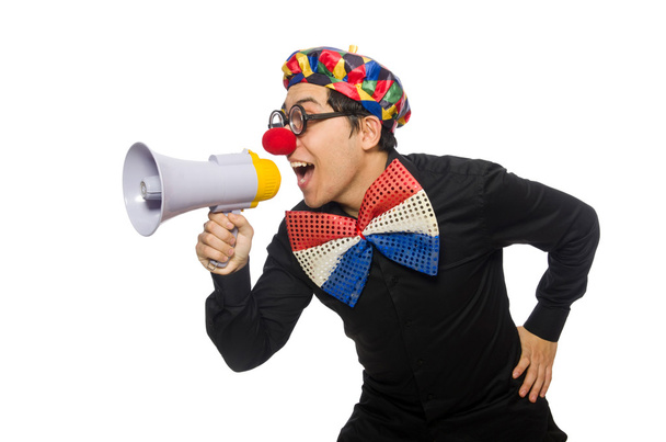 Clown met luidspreker geïsoleerd op wit - Foto, afbeelding