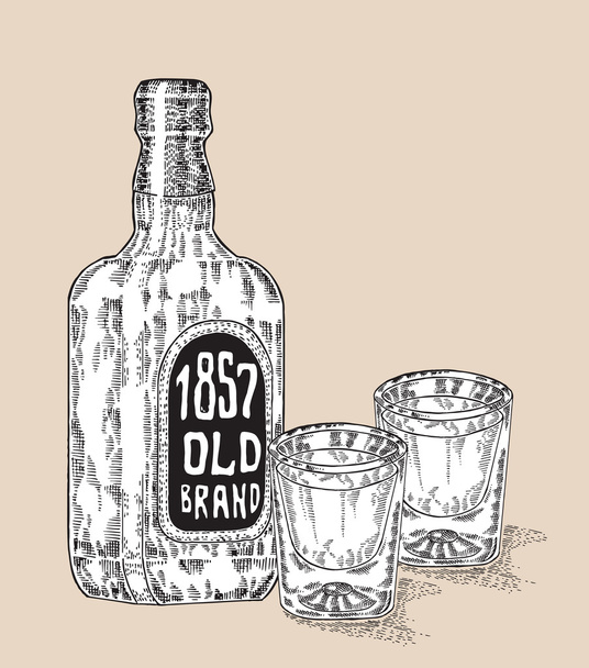 Bottle of whiskey drink. Hand drawn two glasses of whiskey. Engraved - Vector, Image