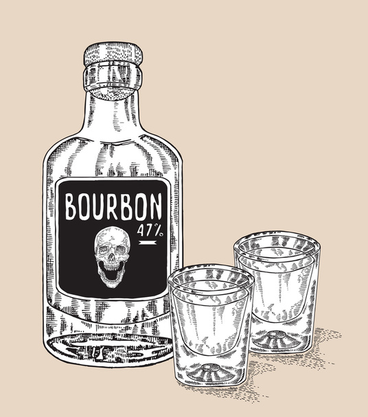 ウィスキーの飲み物のボトル。手には、ウイスキーを 2 杯が描画されます。ブルボン - ベクター画像