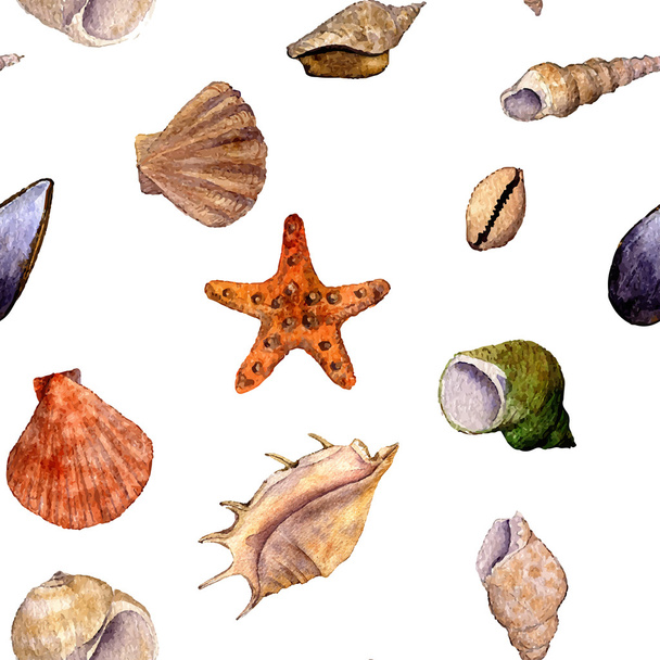 vector seamless pattern with watercolor drawing shells - Vecteur, image