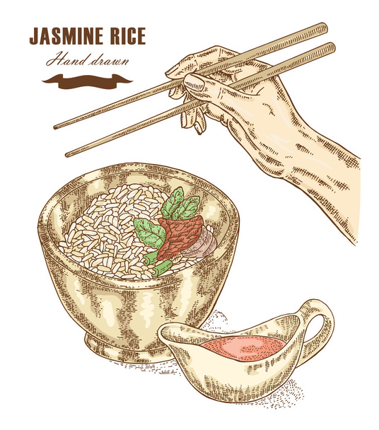 Thaise jasmijn rijst in een kom. Hand met stokjes. Vector - Vector, afbeelding