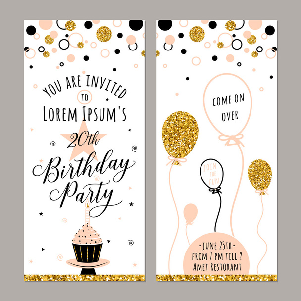Illustrazione vettoriale dell'invito di compleanno. Faccia e parte posteriore. Sfondo festa con cupcake, palloncino e scintille d'oro. Manifesto di elementi dorati. Bandiera verticale
 - Vettoriali, immagini