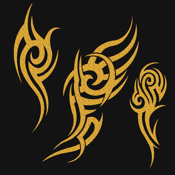 Gold tribal tattoo on a dark background . Gold illustration without transparency. - Фото, изображение