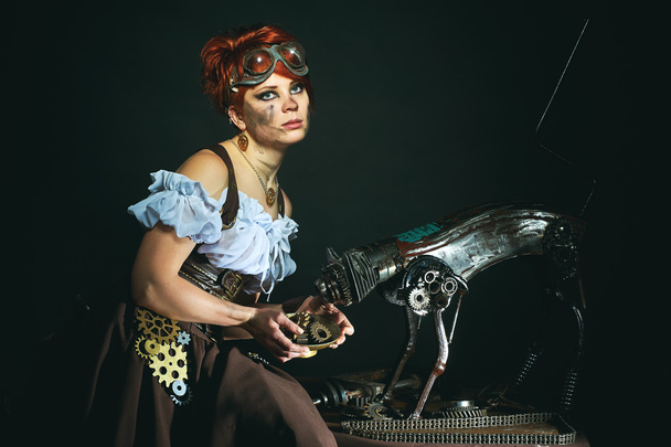 Steam-punk girl portrait on dark background - Фото, изображение
