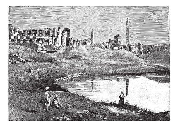 Karnak (Egipto) ruinas del gran templo y obelisco, vendimia en
 - Vector, imagen