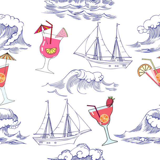 Seamless pattern with waves, ships and cocktails - Вектор, зображення