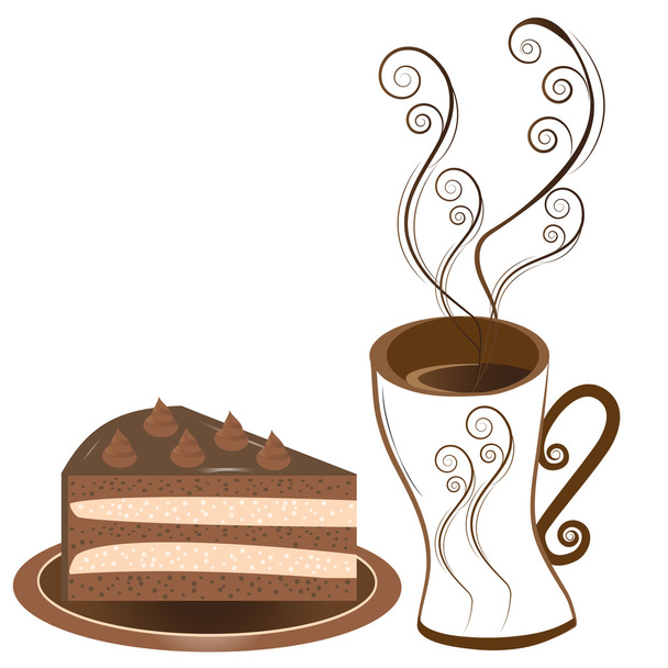 A piece of delicious chocolate cake with cream on a plate and a cup of coffee with decorative elements.  - Διάνυσμα, εικόνα