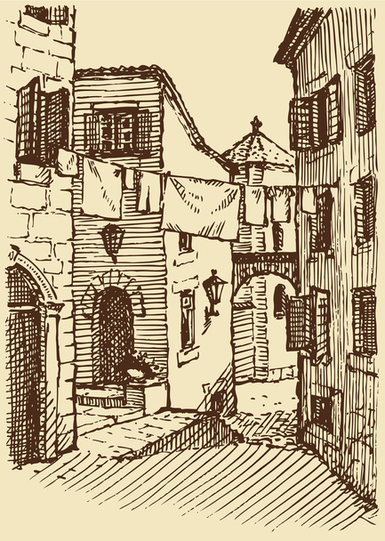 Vector cityscape. laundry drying between houses on street - Vector, Image