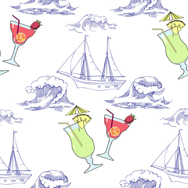 Seamless pattern with waves, ships and cocktails - Vector, Imagen