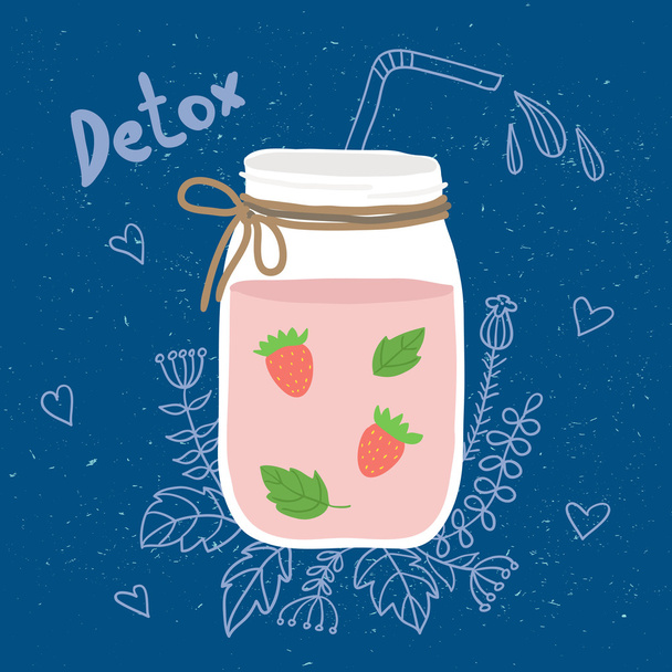 Bottle smoothie with mint, strawberries. Detox and healthy eating. Hand-drawing. - ベクター画像