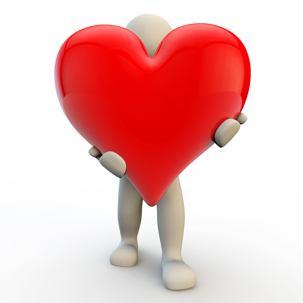 3D charakter człowieka posiada duże czerwone serce - Zdjęcie, obraz