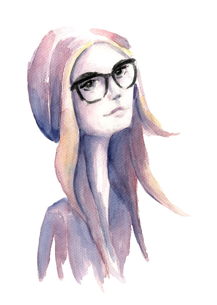 Akvarel bederní dívka s brýlemi - Fotografie, Obrázek