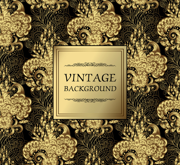 Luxury gold vintage background. Vector greeting card with gold floral ornament. Seamless pattern on back. Vector illustration. Gold on black. - Wektor, obraz