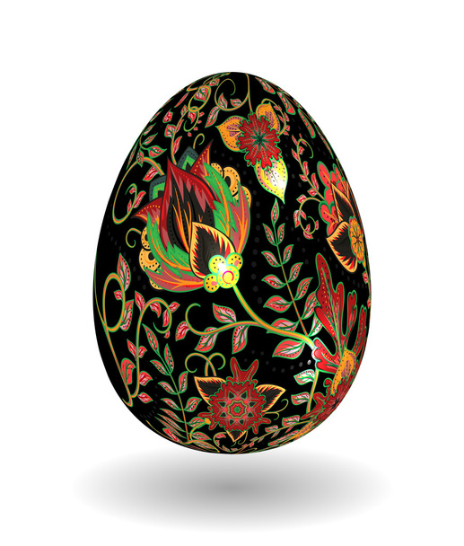 Gold egg with hand draw floral ornate isolated on white background. Fantasy colorful and gold flowers on black egg. Khokhloma. - Vetor, Imagem