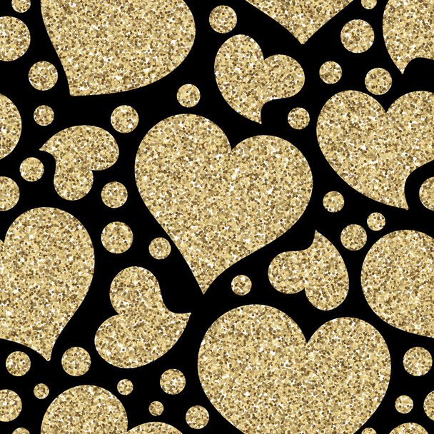 Trendy vector hearts pattern. Great seamless texture with glittering gold hand drawn hearts on solid black background. - Vecteur, image