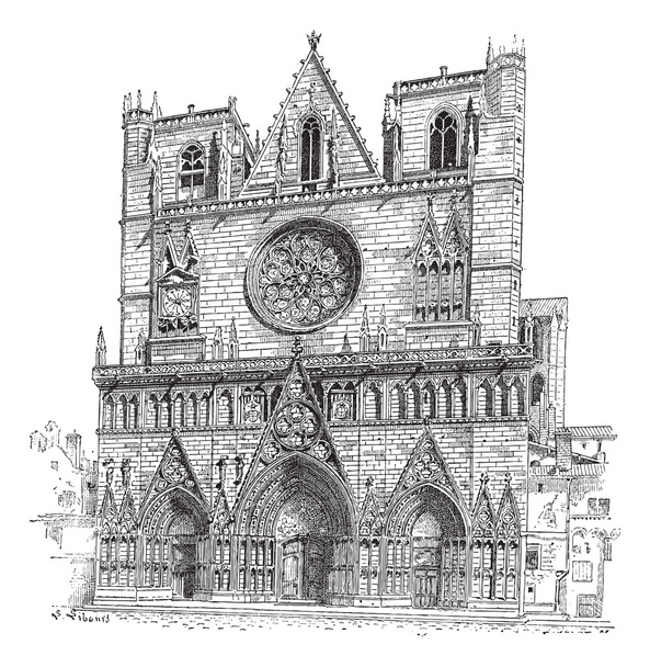 Lyon Cathedral em Lyon, França, gravura vintage
 - Vetor, Imagem