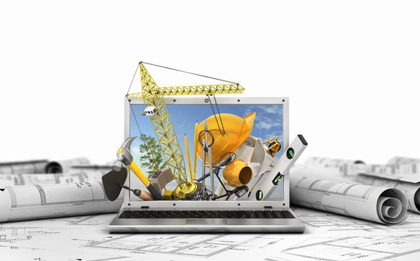 Concept of construction. Building tools in laptop screen. 3d ill - Photo, image