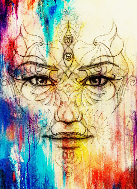 Mystická ženská tvář s květinovou ozdobou. Kreslení na papír, efekt barva. Kontakt na oko. Koláž počítače. - Fotografie, Obrázek