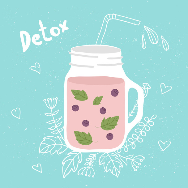 Bottle smoothie with mint, blueberries. Detox and healthy eating. Hand-drawing. - Vektor, kép
