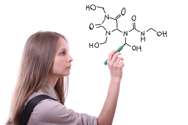 Chemist shows a molecular structure - Zdjęcie, obraz