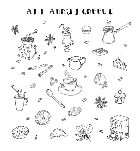 All about coffee Doodle set - Vector, imagen