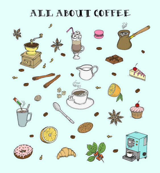 All about coffee Doodle set - Vector, Imagen