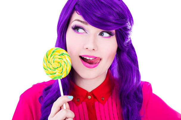 rêve de femme aux cheveux violet et coloré sucette o isolés - Photo, image