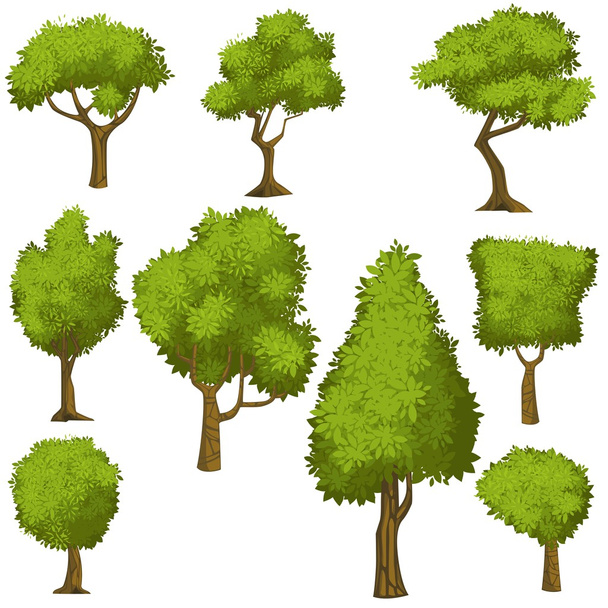 Σύνολο αστείο καρτούν δέντρα και θάμνους πράσινο. - Διάνυσμα, εικόνα