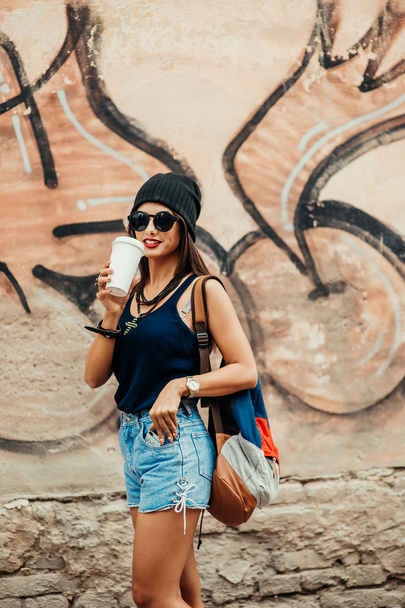 beautiful brunette girl in sunglasses - Фото, изображение