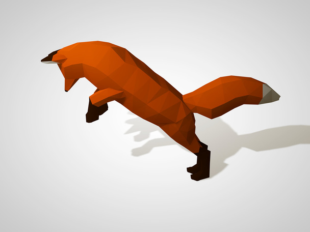 3D illustration of origami fox on his hind legs. Polygonal fox jumping. Geometric style red fox, side view. Hunting fox. - Foto, Imagen