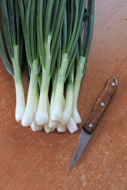 Green onions on a wooden table - Photo, Image