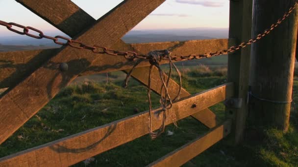 Вечерний свет подчеркивает цепь, раскачивающуюся на воротах в сельской местности Шропшира, Великобритания
. - Кадры, видео