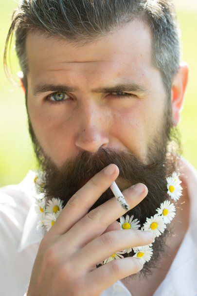 Handsome man with flowers in beard - Photo, Image