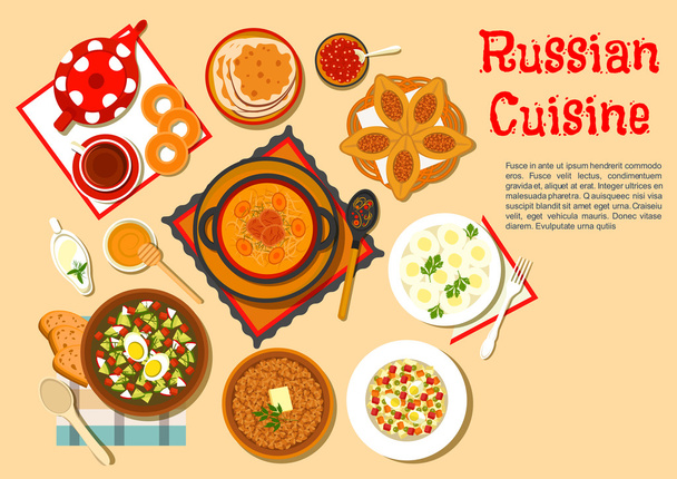 Popular main dishes and dessert of russian cuisine - Vector, Image