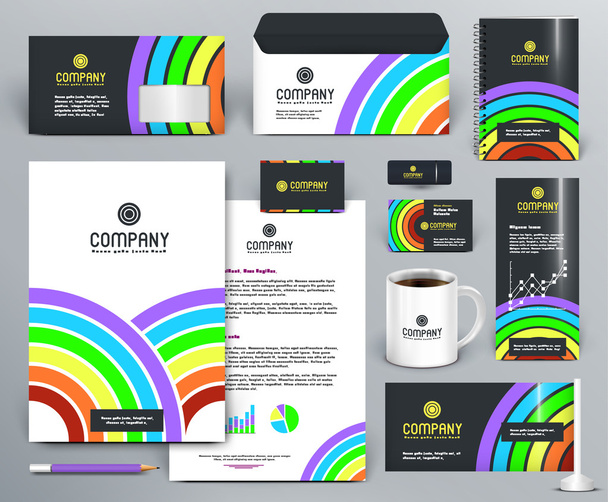 Professional branding design kit with color rainbow, circles, lines, sectors on dark and white background.  - Vettoriali, immagini