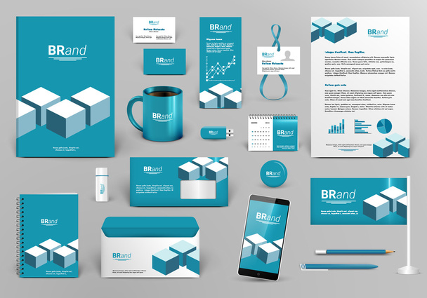 Professional blue branding design kit with bricks for real estate/investment. Corporate identity template.  - Vector, Imagen