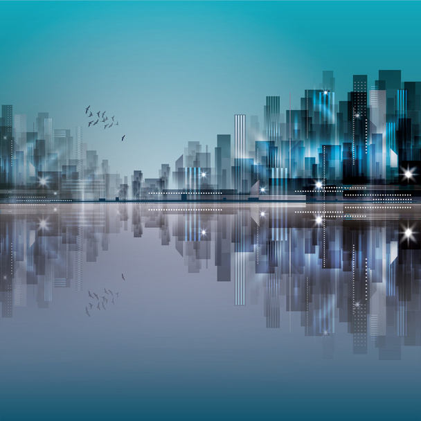 moderne nacht stad, met reflectie over wateroppervlak - Vector, afbeelding