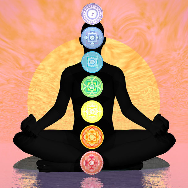 Sete símbolos de chakra coluna no ser humano preto pelo pôr-do-sol - renderização 3D
 - Foto, Imagem