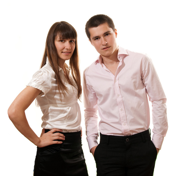 Business couple smiling isolated over a white background - Foto, imagen