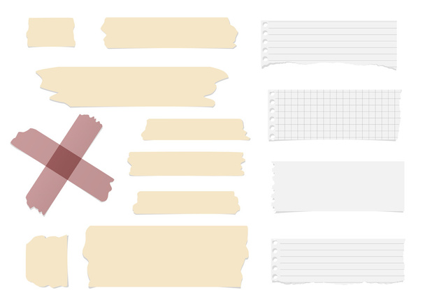 Вирізаний чистий папір для нотаток, коричневий липкий, клейкі стрічки застрягли на білій стіні
 - Вектор, зображення
