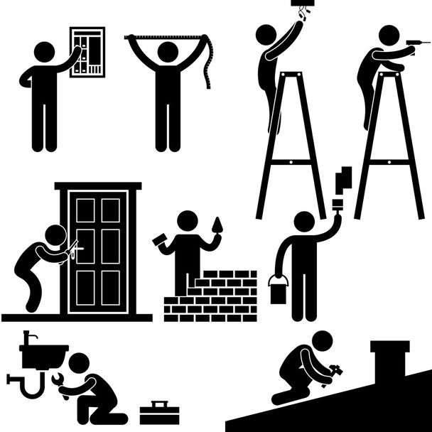 Wykonawca ślusarz elektryk faktotum mocowania naprawy dom dach światła ikony symbol znak piktogram pracy - Wektor, obraz