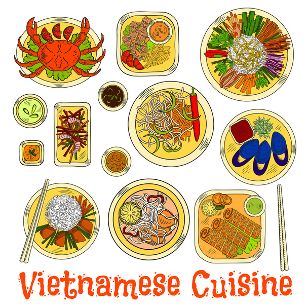 Fűszeres és frissítő vietnami vacsora vázlat ikon - Vektor, kép
