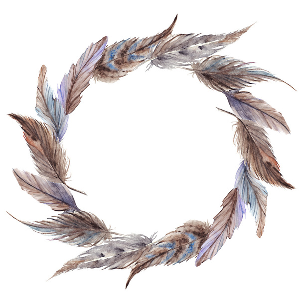 Watercolor brown gray grey feather wreath isolated - Φωτογραφία, εικόνα