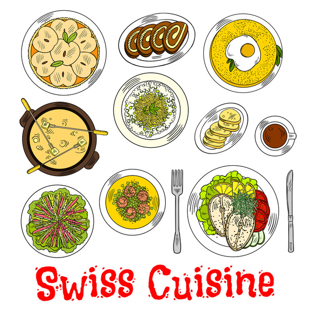 Pratos de frutos do mar suíços com fondue e sobremesas ícone
 - Vetor, Imagem