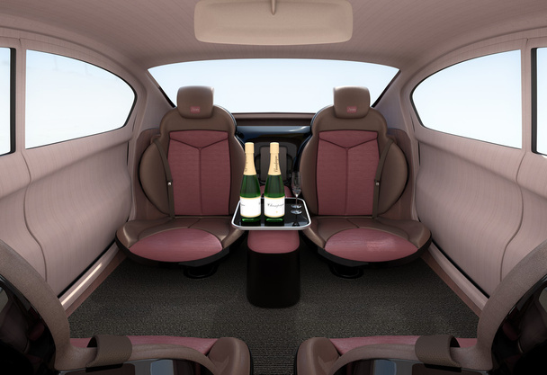 Автономная концепция салона автомобиля. Роскошный интерьер предлагает прохладительные напитки
 - Фото, изображение